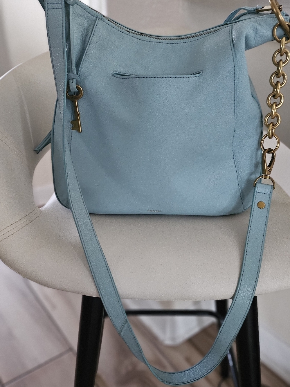 Fossil Leather Crossbody Bag Blue Teal Shoulder Purse Gold Chain Strap Medium. - Picture 4 of 16